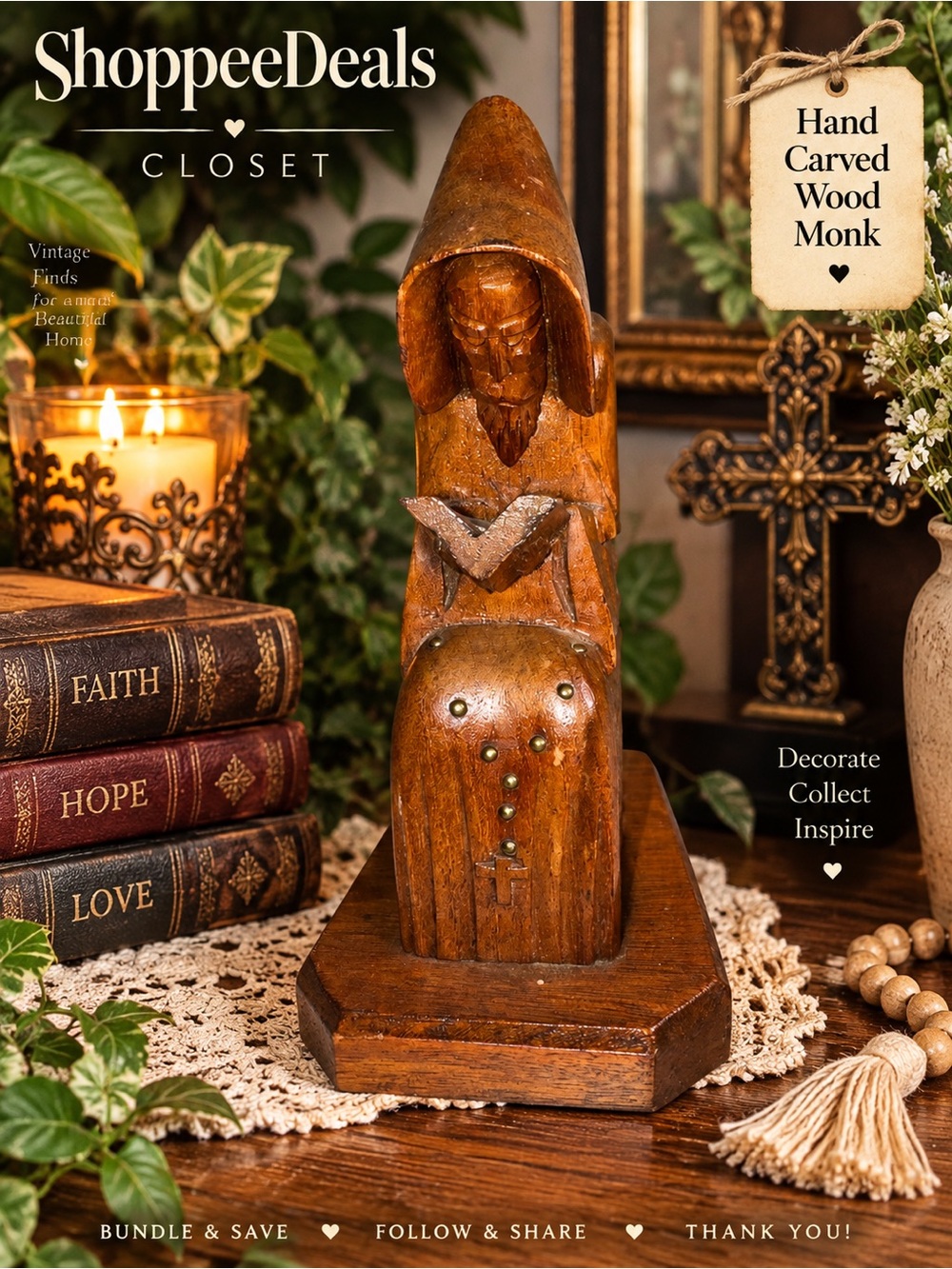 Vintage Hand-Carved Wood Hooded Monk Reading Book Figurine Religious Folk Art